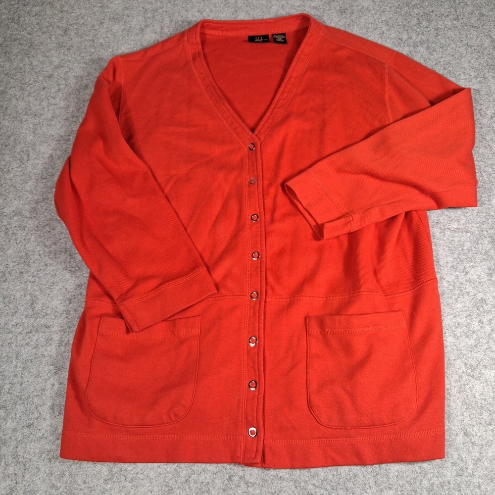 Jenny Buchanan Cardigan Woman 1X Red Ribbed Snap Front V-Neck Pockets Sweater